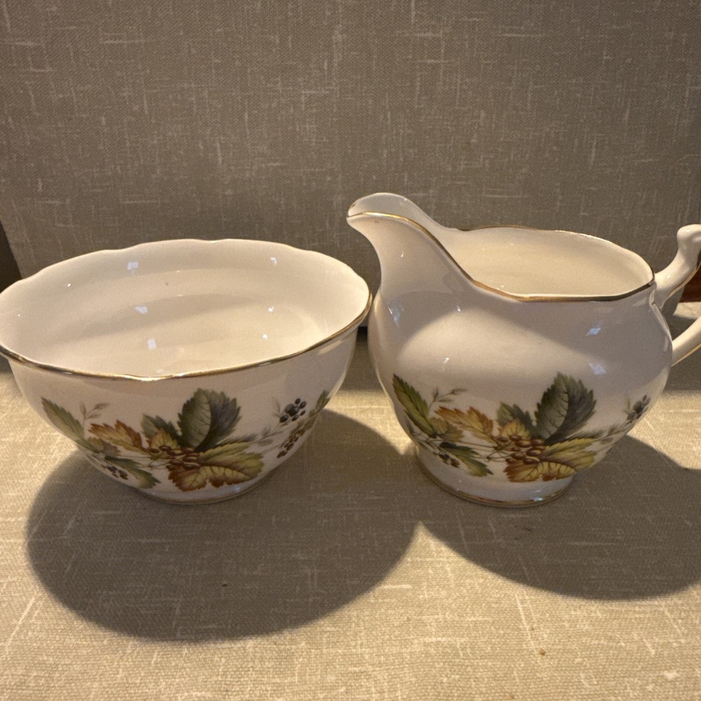 Vintage Royal Vale Autum Leaves Cream Jug And Sugar Bowl